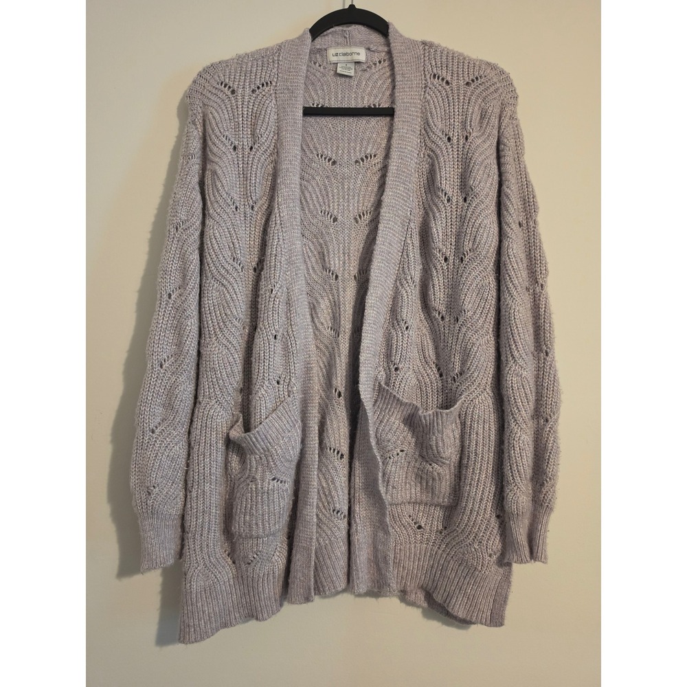 Liz Claiborne Cardigan Women S Lavender Gray Rayon Knit Boho Open Front Sweater